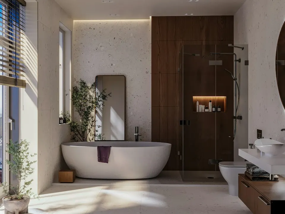 Visualisierung eines Bades mit freistehender Wanne und Dusche